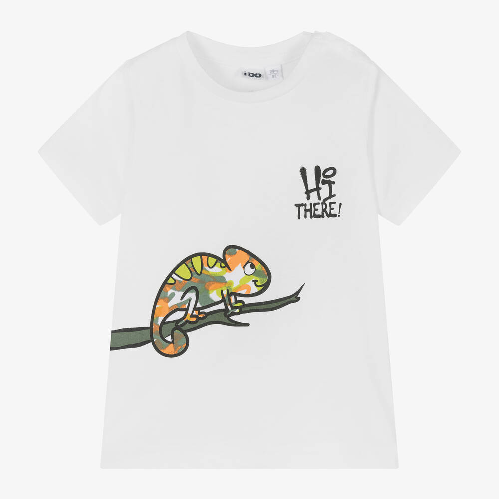 iDO Baby - Boys White Chameleon Print Cotton T-Shirt | Childrensalon
