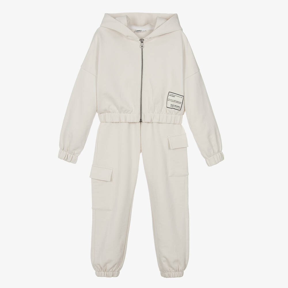 iDO Junior - Girls Beige Cotton Cargo Tracksuit | Childrensalon