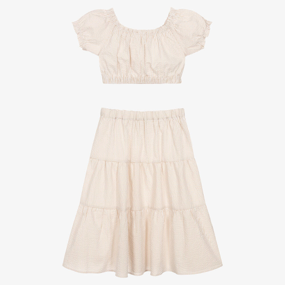 Ido Junior Kids'  Girls Beige & White Stripe Cotton Skirt Set