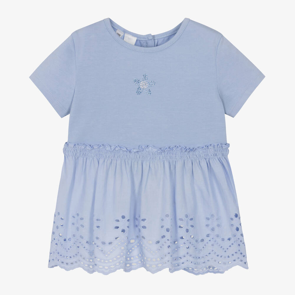 iDO Baby - Girls Blue Cotton Broderie Anglaise T-Shirt | Childrensalon