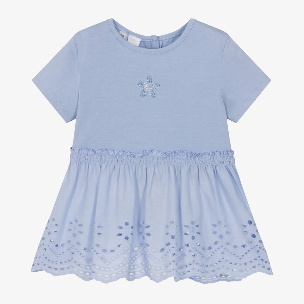 Shop Ido Baby Girls Blue Cotton Broderie Anglaise T-shirt