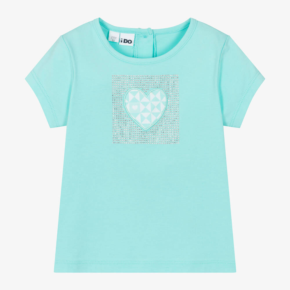 iDO Baby - Girls Blue Cotton Glitter Heart T-Shirt | Childrensalon