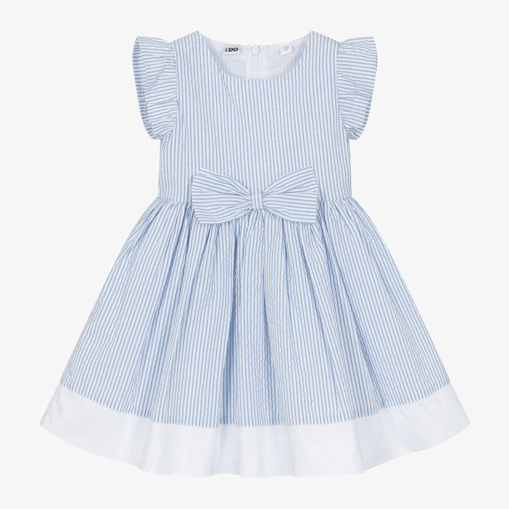 iDO Baby - Girls Blue Cotton Striped Dress | Childrensalon