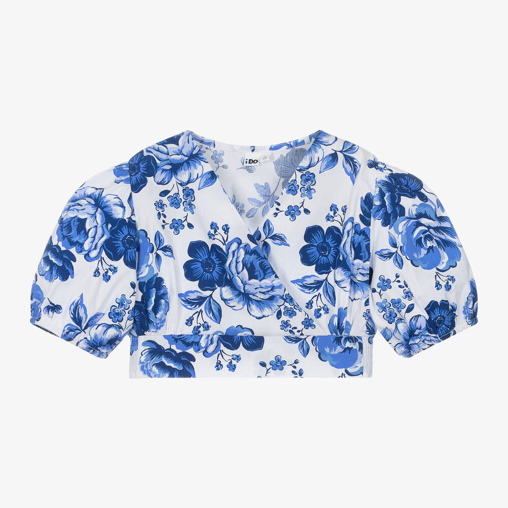 iDO Junior - Girls Blue Floral Cropped Cotton Blouse | Childrensalon