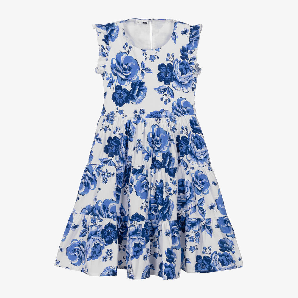 iDO Junior - Girls Blue Floral Poplin Dress | Childrensalon