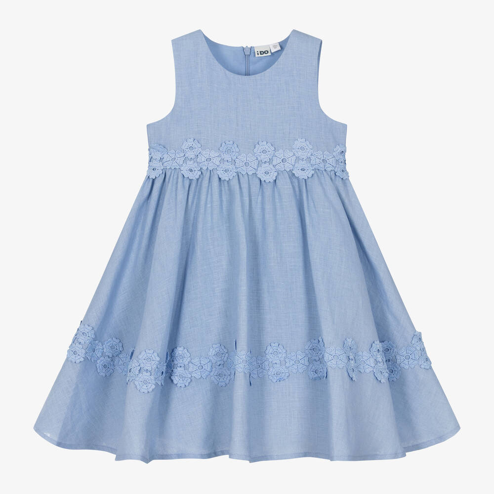 iDO Baby - فستان كتان لون أزرق مطرز بورود | Childrensalon
