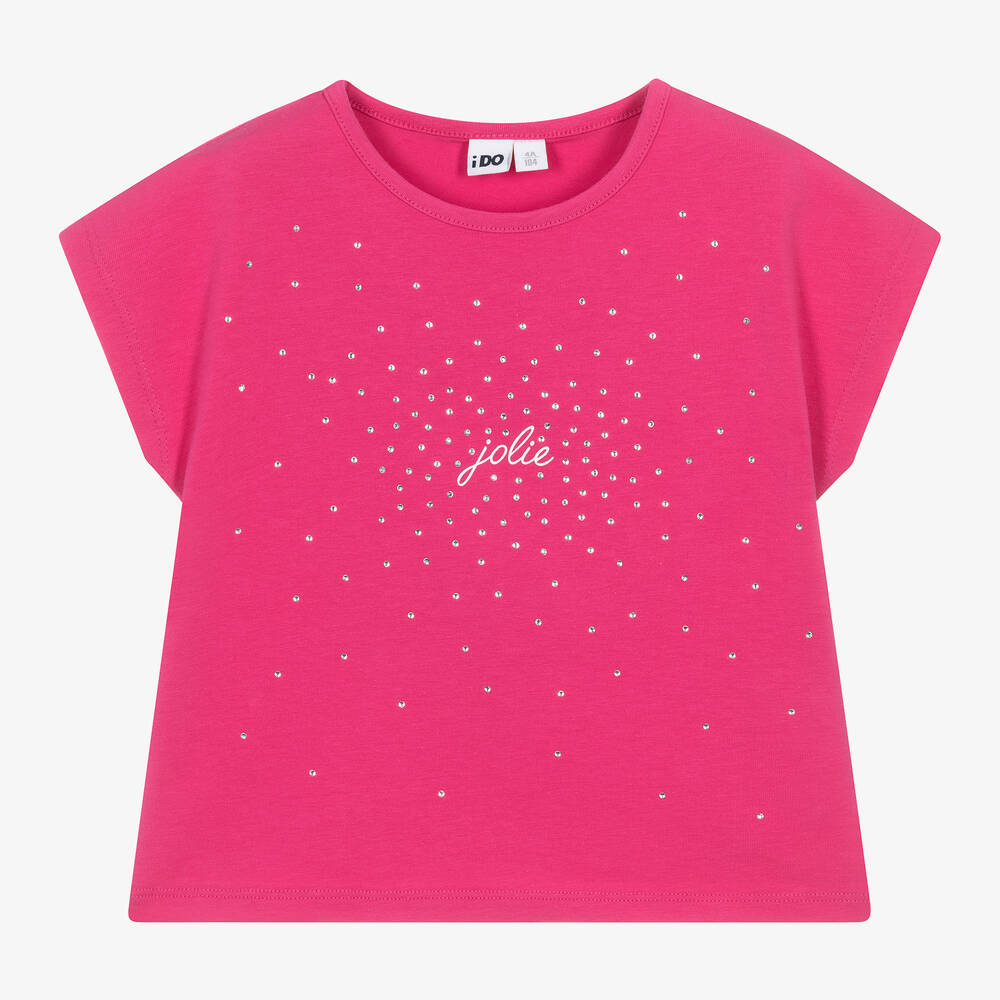 iDO Baby - Girls Fuchsia Pink Cotton Diamanté T-Shirt | Childrensalon