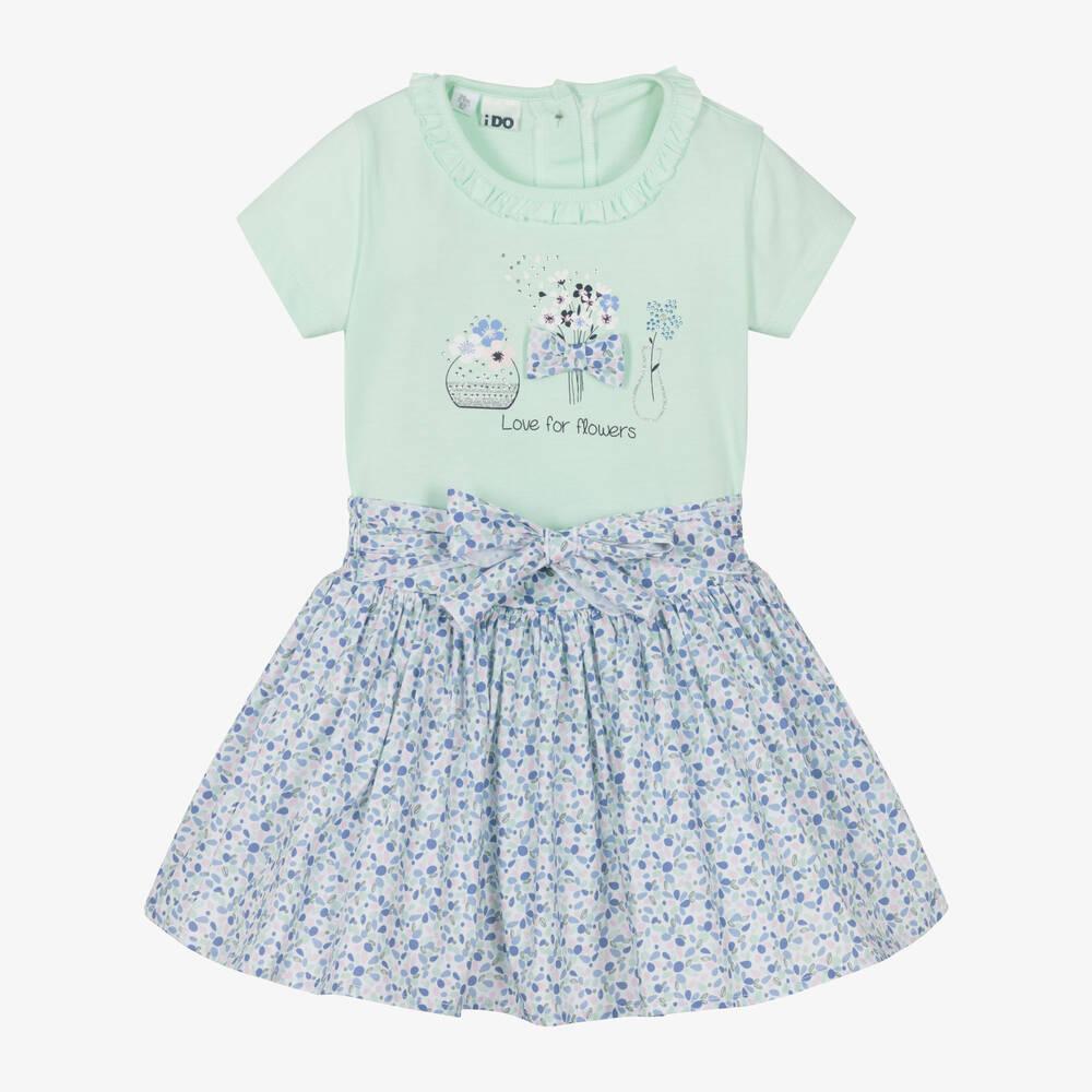 iDO Baby - Girls Green Cotton Floral Skirt Set | Childrensalon
