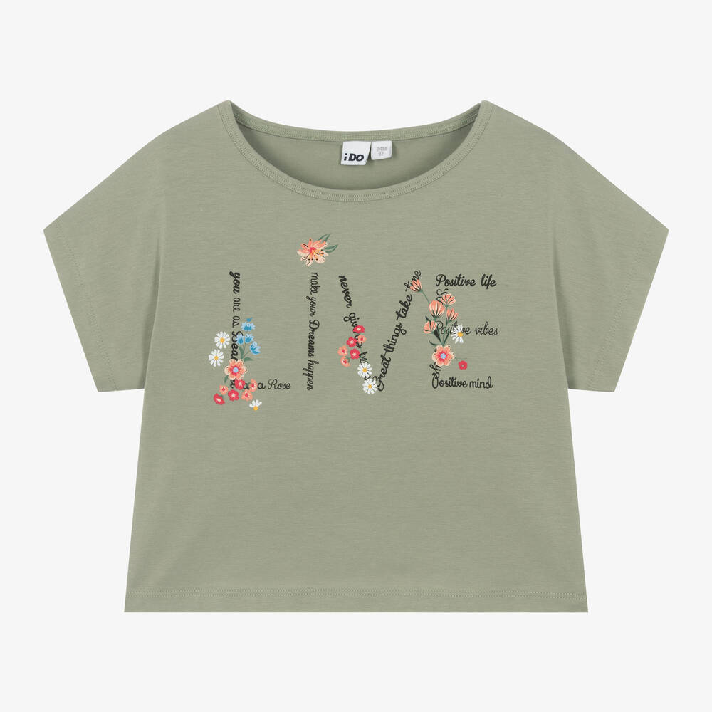 iDO Junior - Girls Green Floral Cotton T-Shirt | Childrensalon