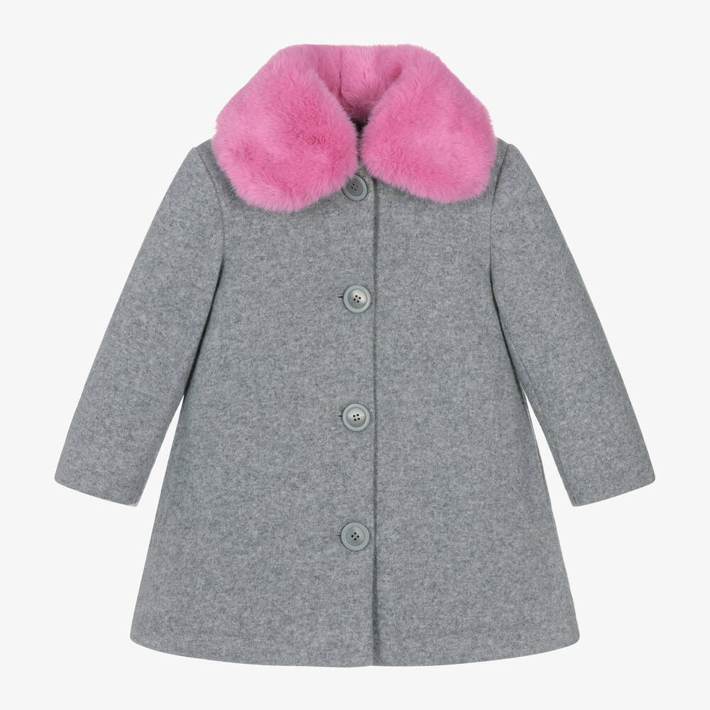 iDO Baby - Girls Grey Wool & Pink Faux Fur Collar Coat | Childrensalon