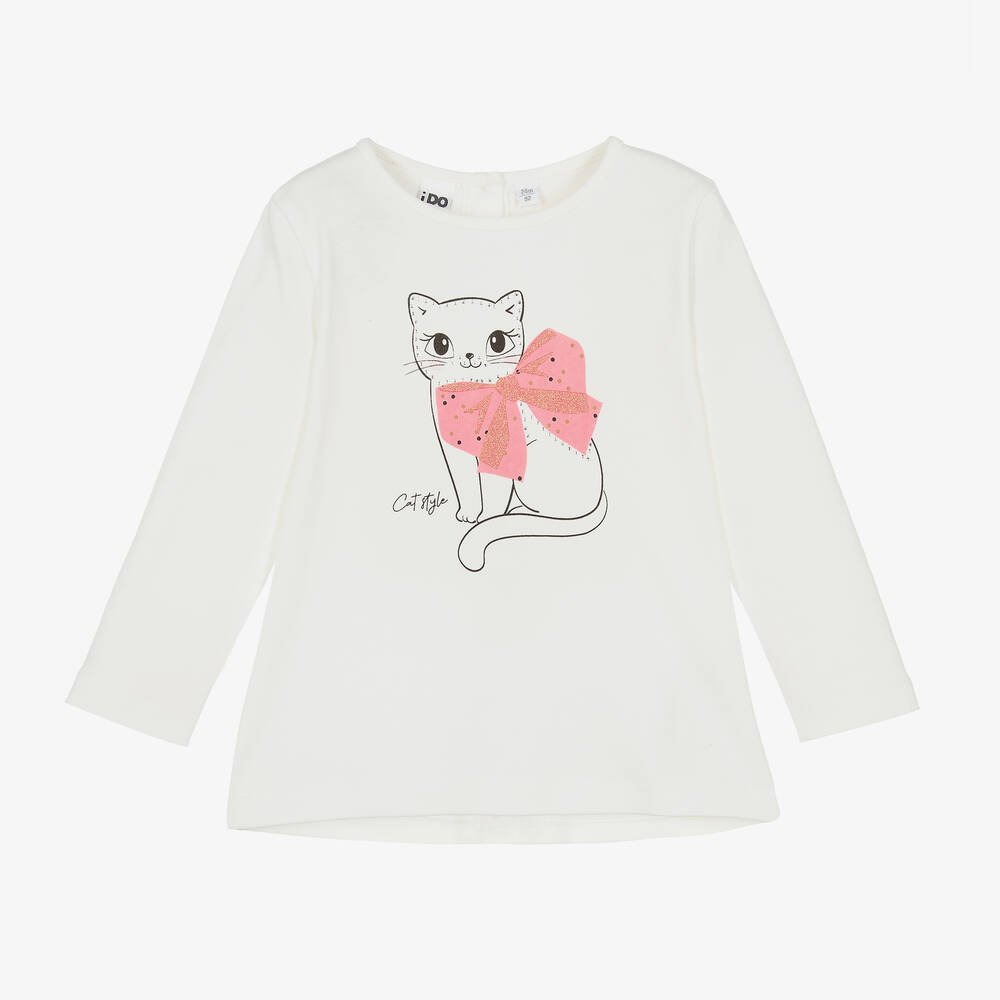 iDO Baby - Girls Ivory Cat Cotton Top | Childrensalon