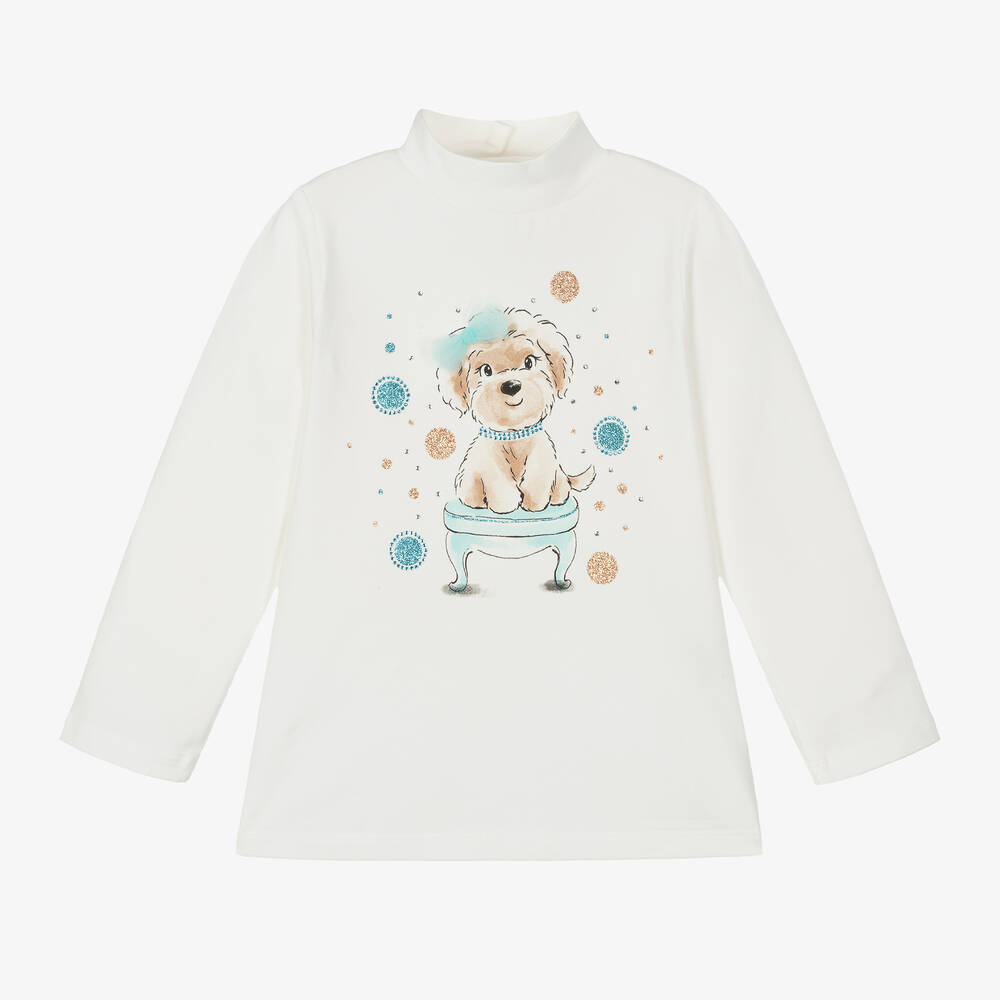 iDO Baby - Girls Ivory Cotton Puppy Dog Top | Childrensalon