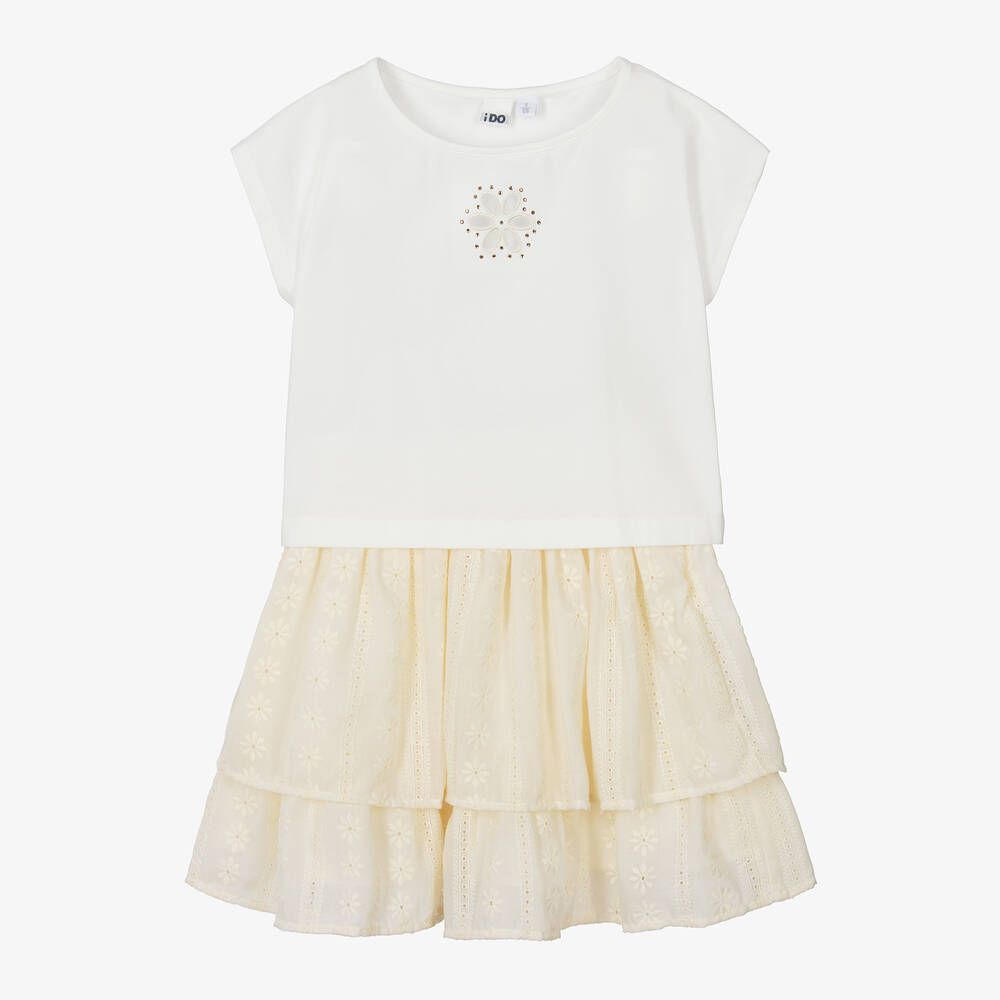 iDO Junior - Girls Ivory Embroidered Cotton Skirt Set | Childrensalon