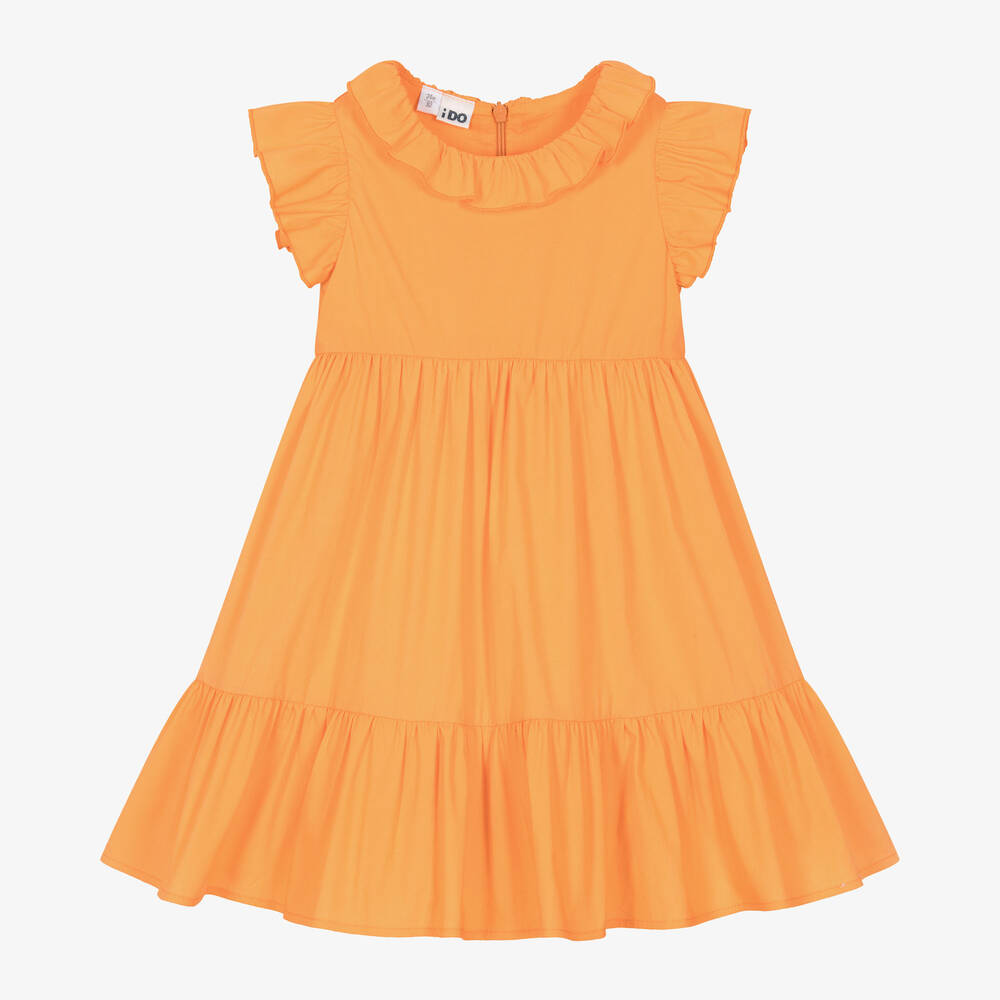 iDO Baby - فستان مزيج بوبلين لون برتقالي فاقع مزين بكشكش | Childrensalon