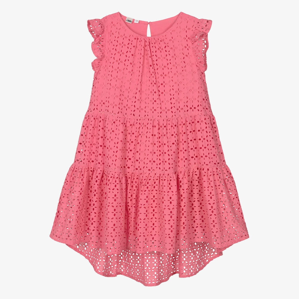 Ido Junior Kids'  Girls Pink Broderie Anglaise Dress