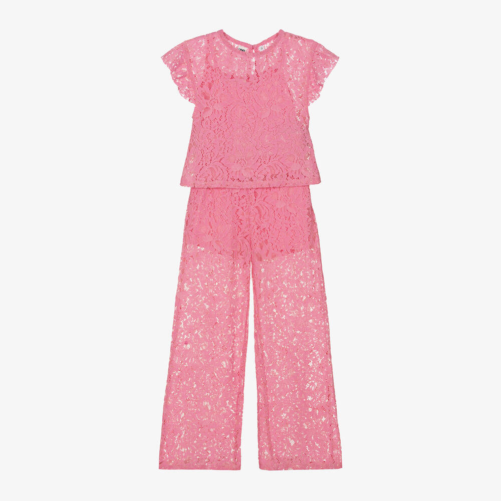 iDO Junior - Girls Pink Cotton Lace Trouser Set | Childrensalon
