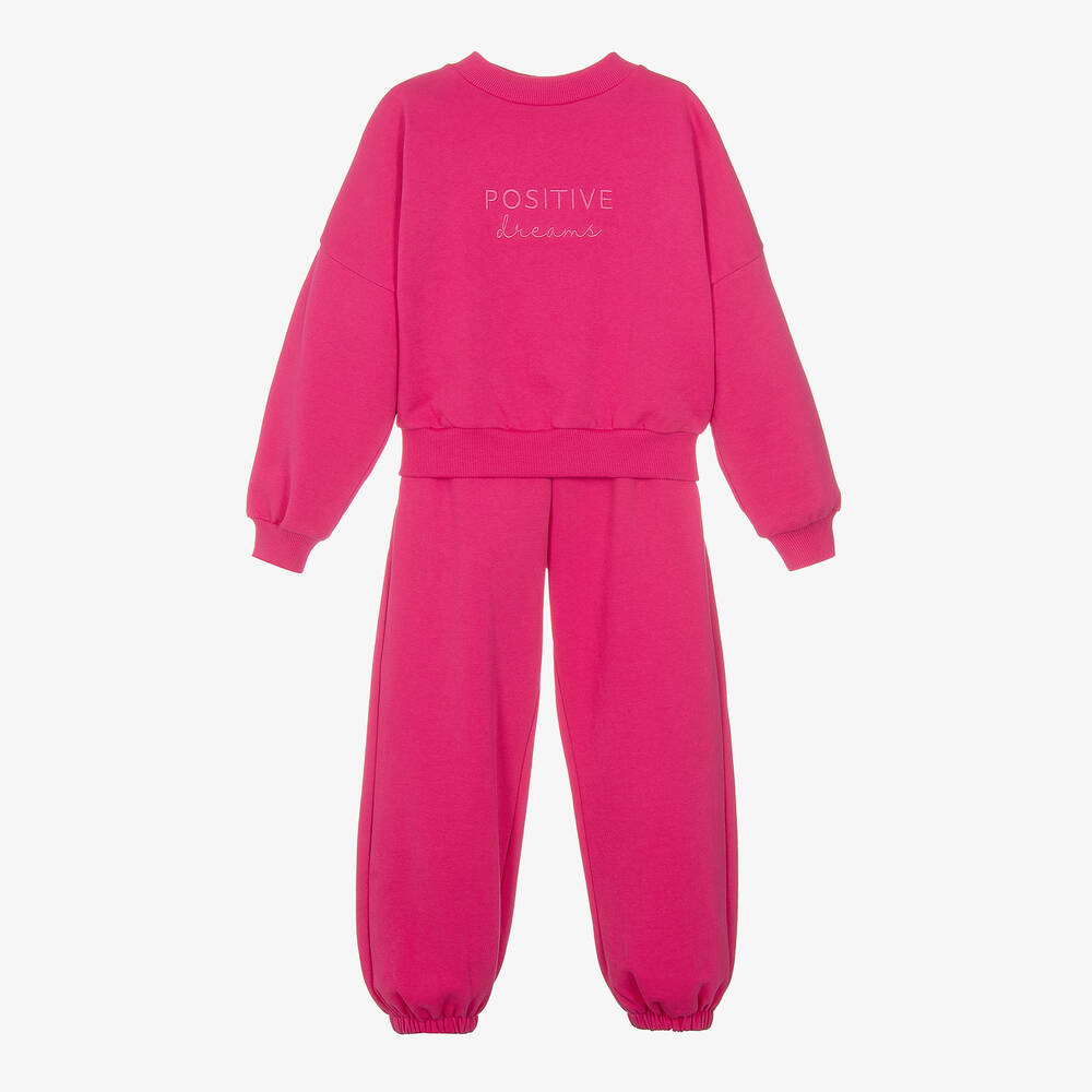 iDO Junior - Girls Pink Embroidered Cotton Tracksuit | Childrensalon