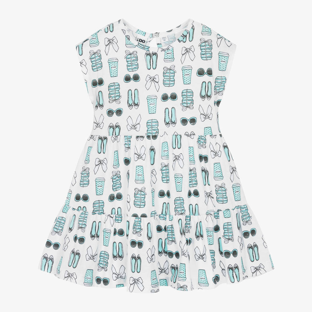 iDO Baby - Girls White & Blue Cotton Jersey Dress | Childrensalon