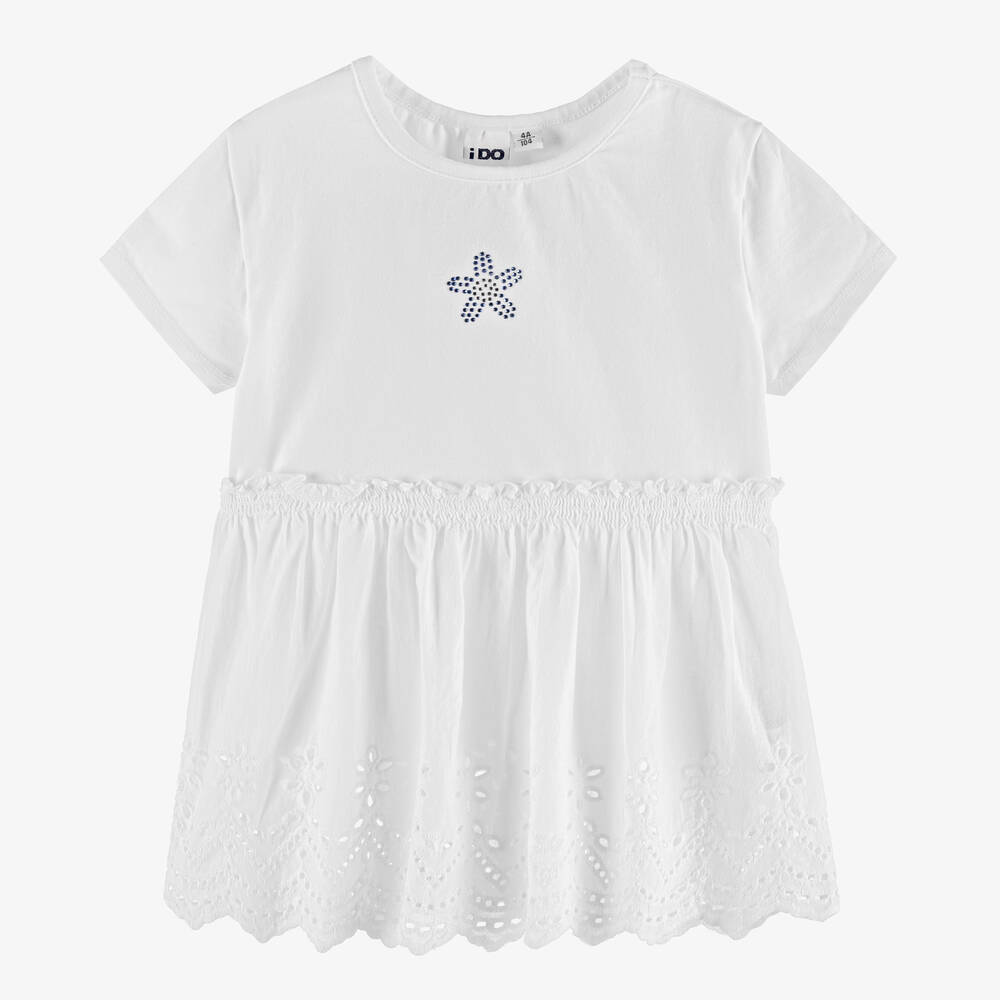 iDO Baby - Girls White Cotton Broderie Anglaise T-Shirt | Childrensalon