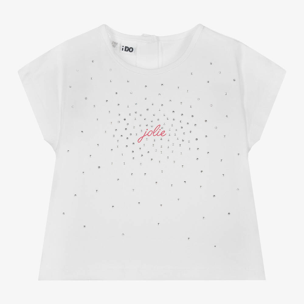 iDO Baby - Girls White Cotton Diamanté T-Shirt | Childrensalon