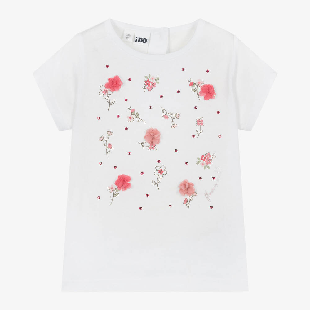 iDO Baby - Girls White Cotton Floral T-Shirt | Childrensalon