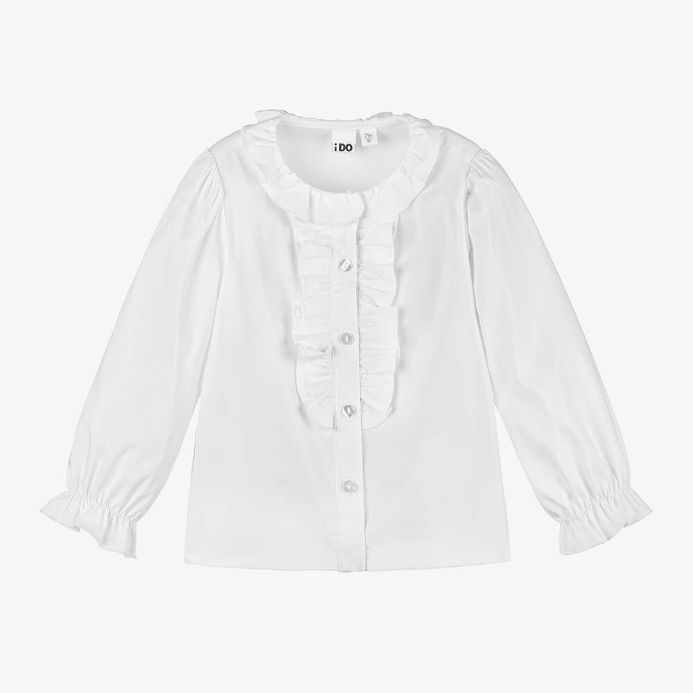 iDO Baby - Girls White Cotton Ruffle Blouse | Childrensalon