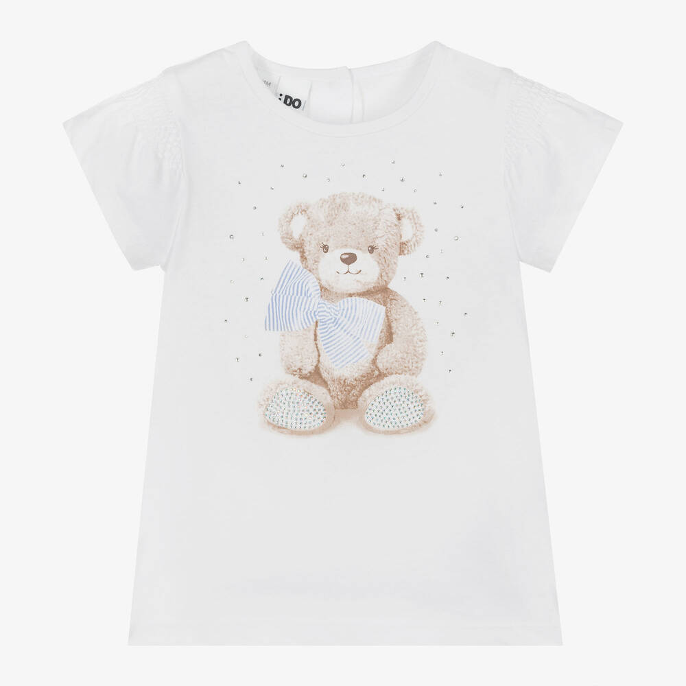 iDO Baby - Girls White Cotton Teddy Bear T-Shirt | Childrensalon