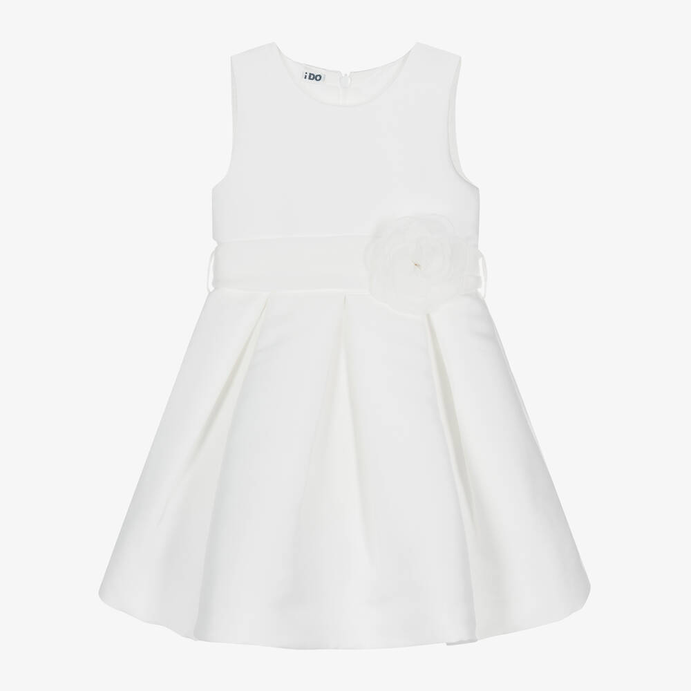 iDO Baby - فستان بكسرات ساتان تويل لون أبيض | Childrensalon