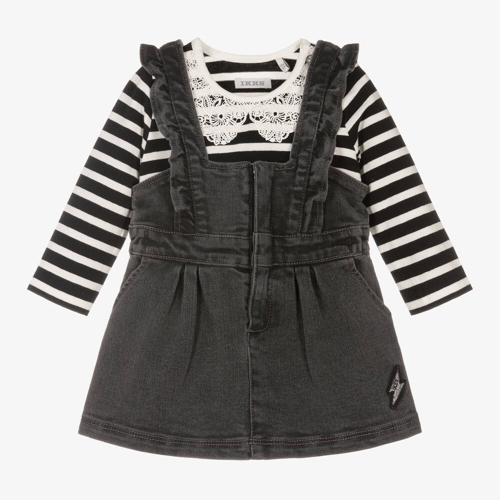 Dungaree Dress with Flowers, Frilly Straps - pearly grey