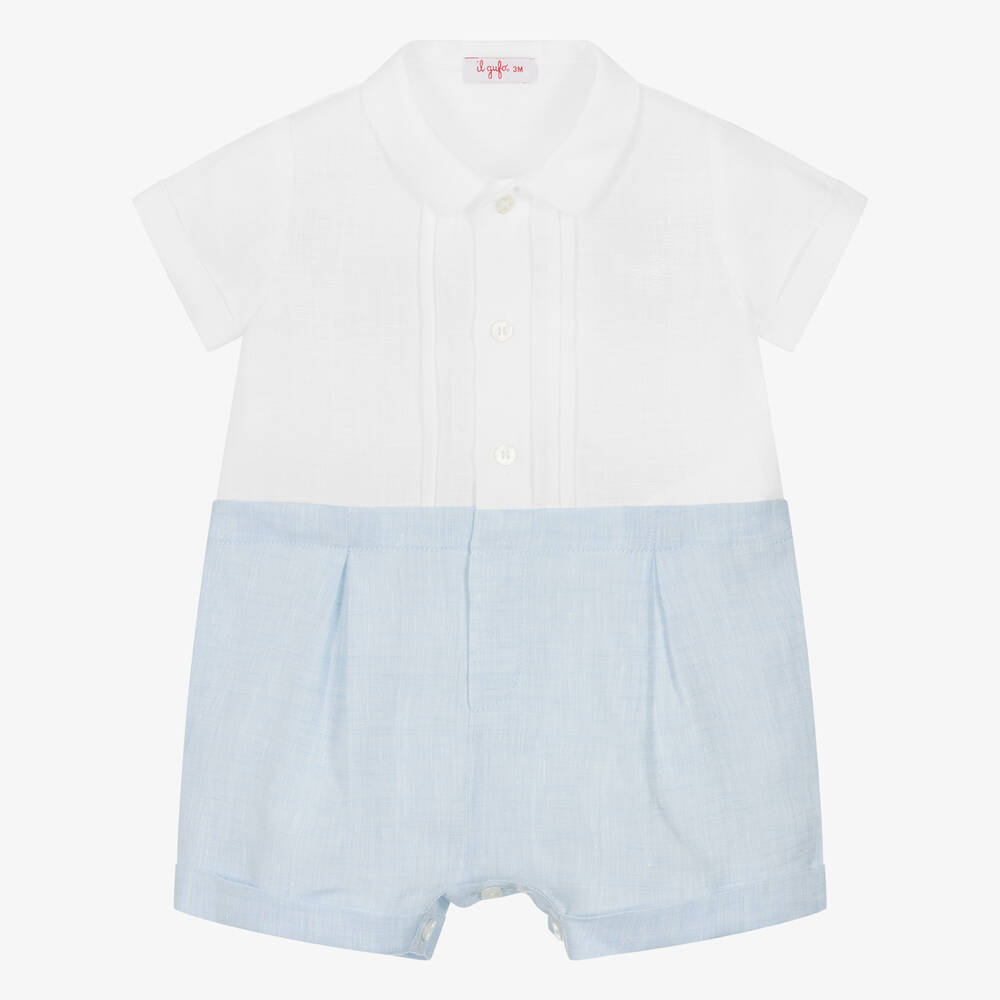 Il Gufo - Baby Boys Blue & White Linen Shortie | Childrensalon