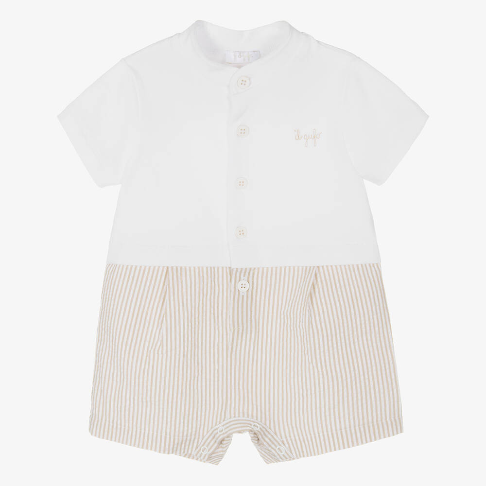 Il Gufo - Beige Striped Cotton Baby Shortie | Childrensalon
