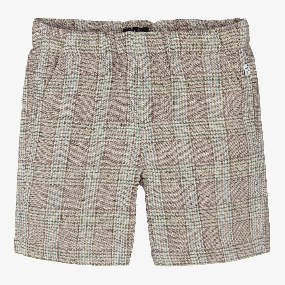 Shop Il Gufo Boys Beige Checked Linen Shorts