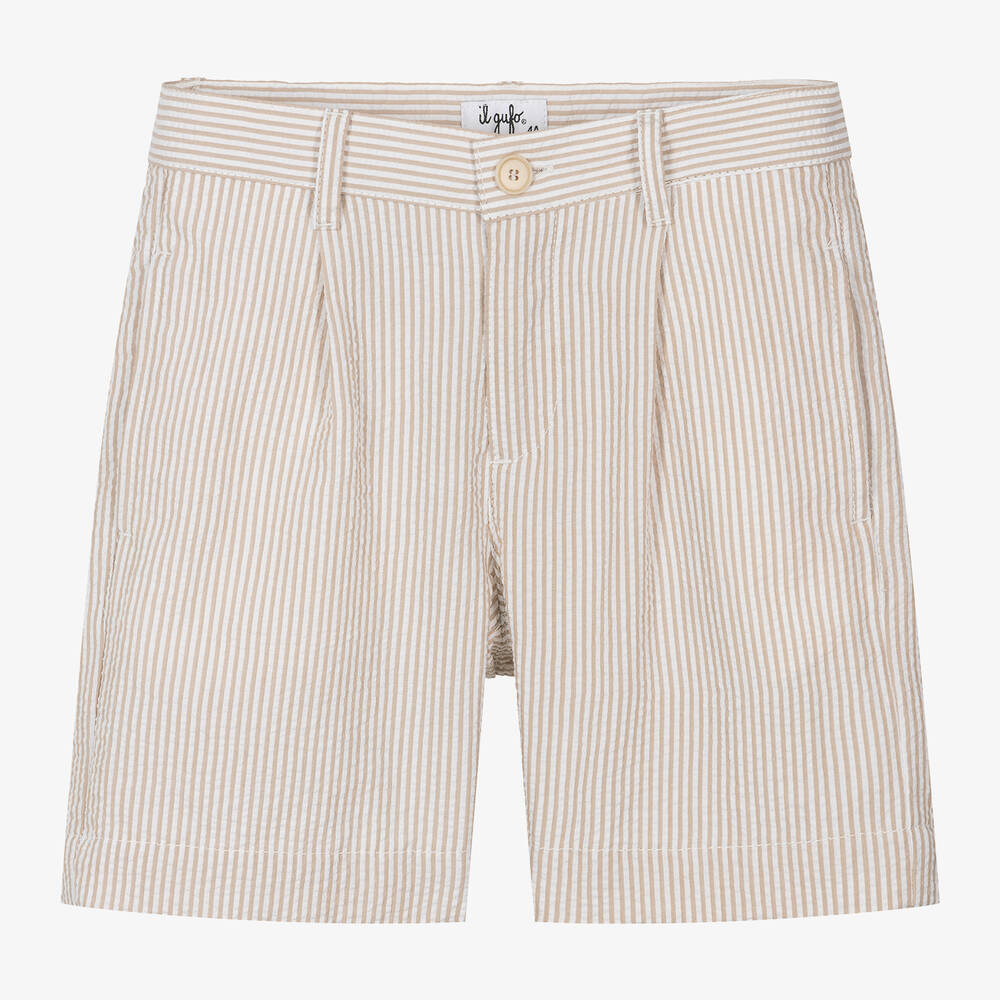 Shop Il Gufo Boys Beige Striped Seersucker Shorts