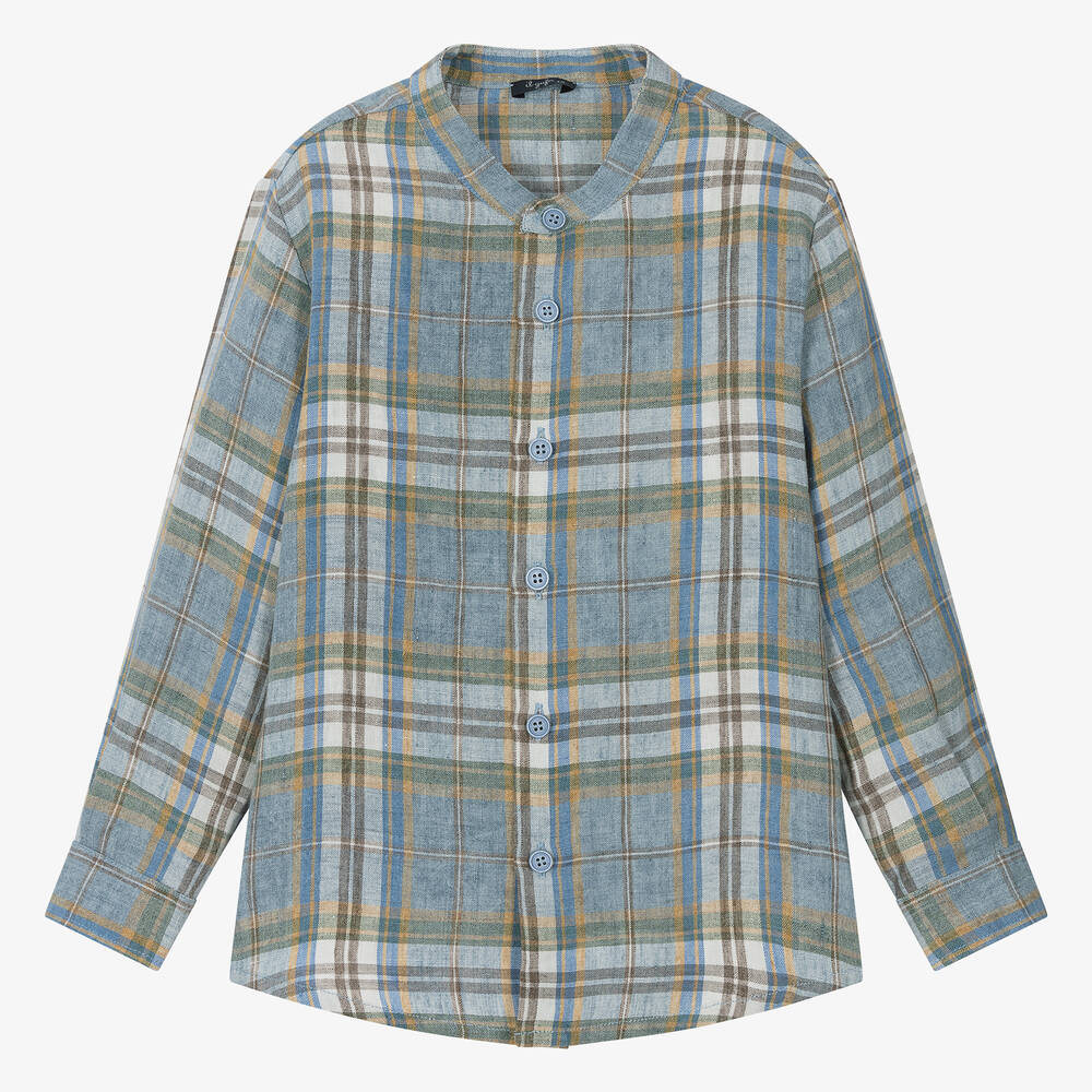Il Gufo - Boys Blue Check Linen Shirt | Childrensalon