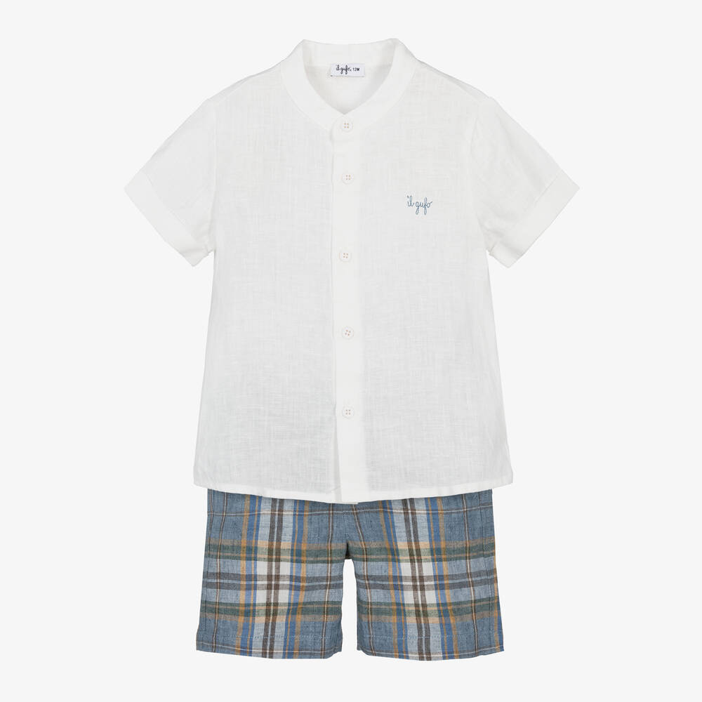 Shop Il Gufo Boys Blue Check Linen Shorts Set