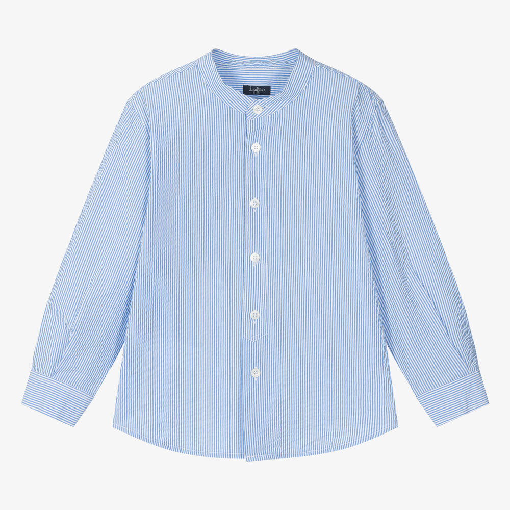 Shop Il Gufo Boys Blue Collarless Cotton Shirt