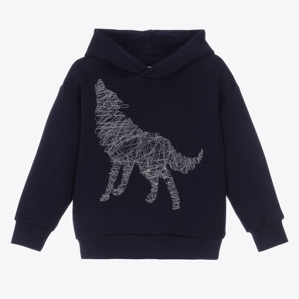 Il Gufo - Boys Blue Cotton Embroidered Wolf Hoodie | Childrensalon