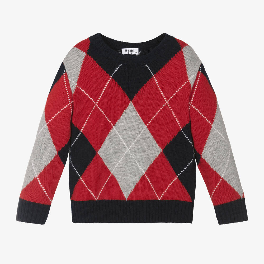 Il Gufo - Boys Blue & Red Argyle Wool Sweater | Childrensalon