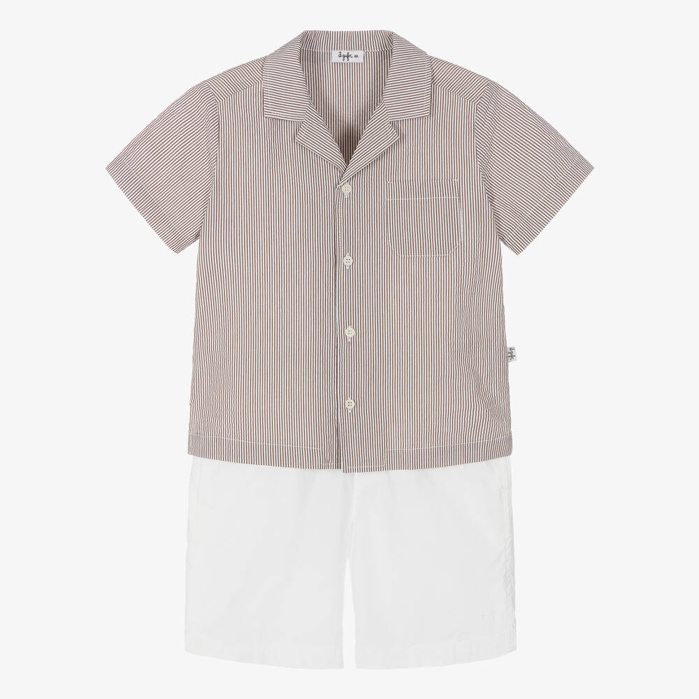 Il Gufo - Рубашка в коричневую полоску и шорты из хлопка для мальчиков | Childrensalon