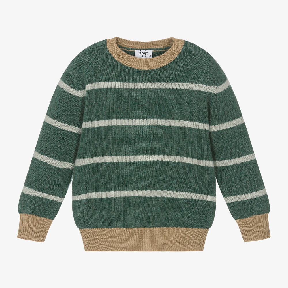 Il Gufo - Boys Green Striped Wool Sweater | Childrensalon