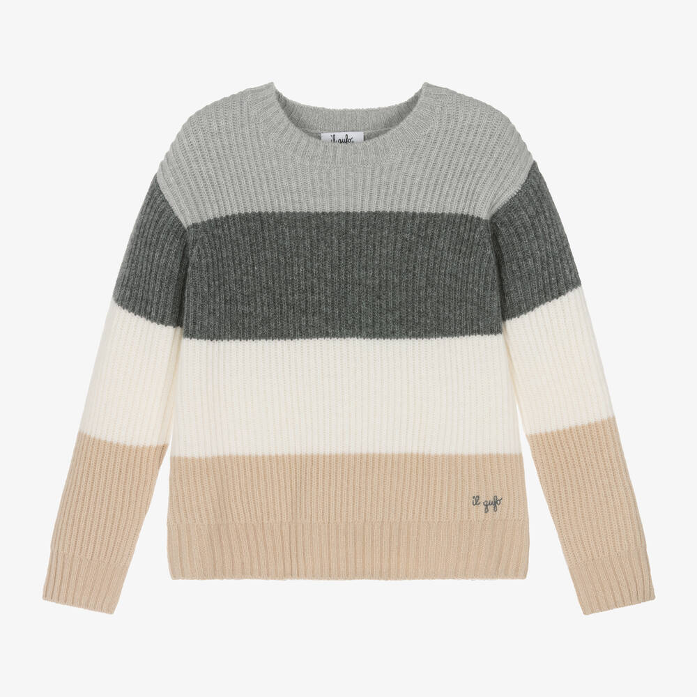 Il Gufo - Boys Grey Striped Wool Sweater | Childrensalon