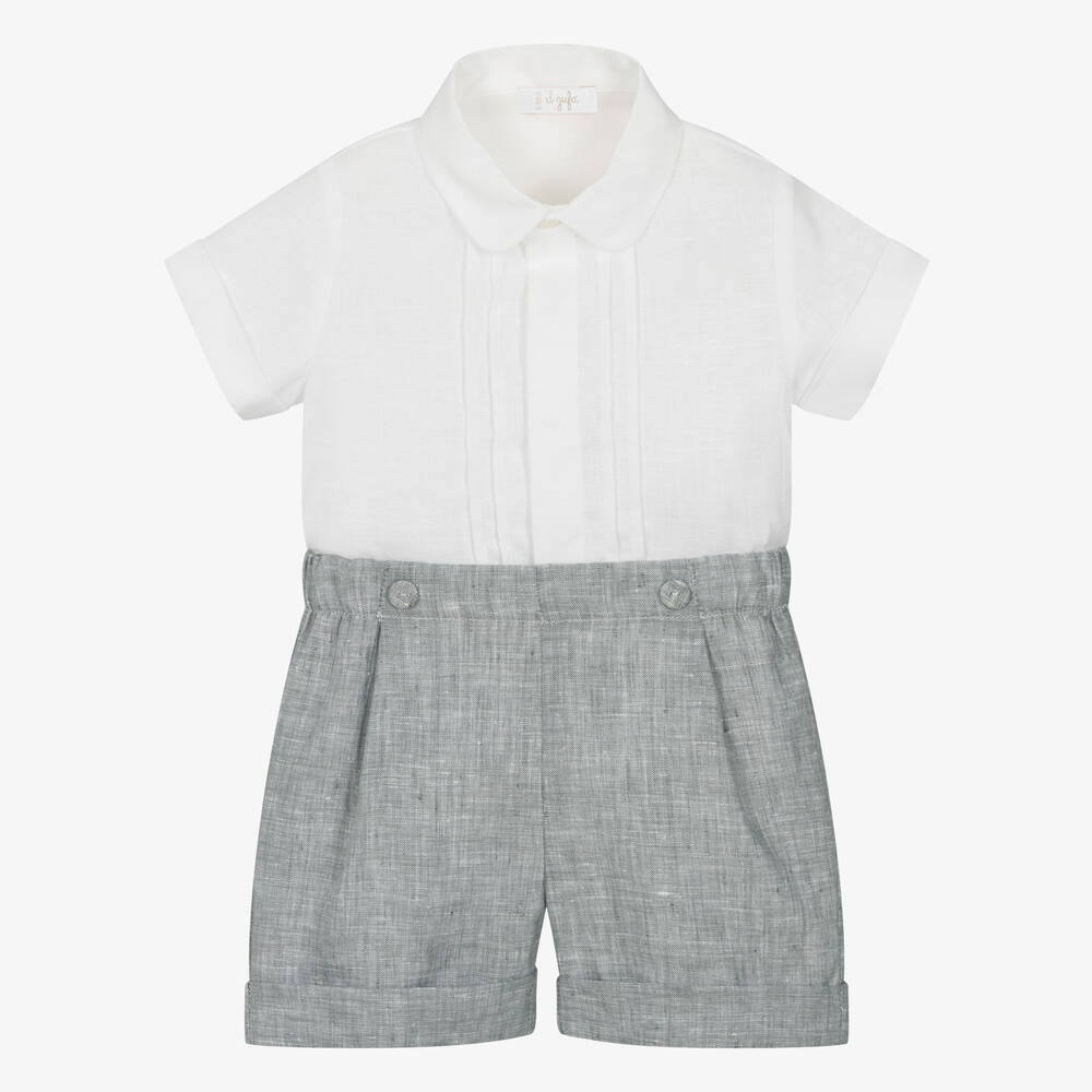 Il Gufo - Boys Grey & White Linen Shorts Set | Childrensalon