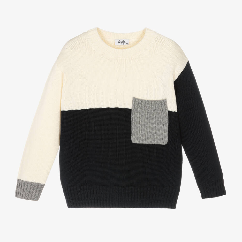 Il Gufo - Boys Ivory & Blue Cotton Knit Sweater | Childrensalon