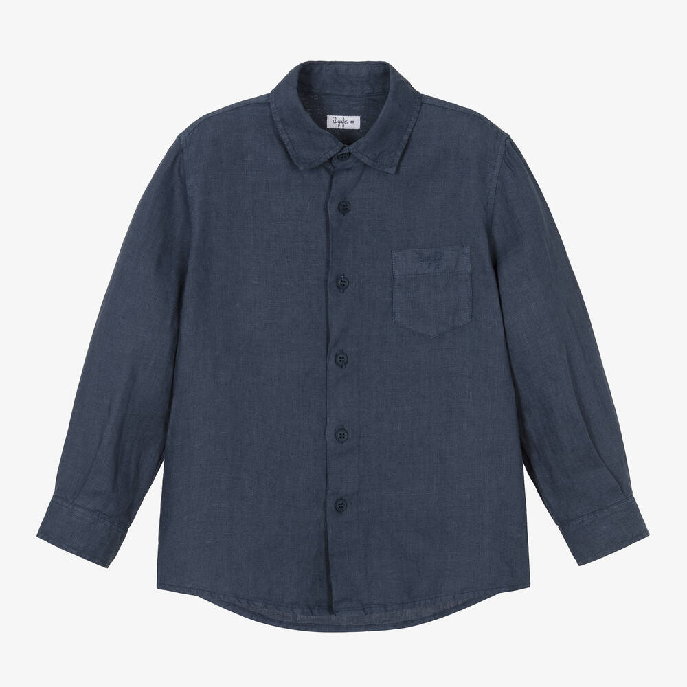 Shop Il Gufo Boys Navy Blue Linen Shirt