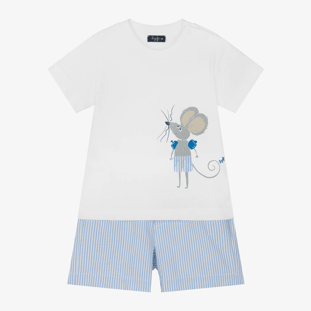Il Gufo - Boys White & Blue Cotton Shorts Set | Childrensalon
