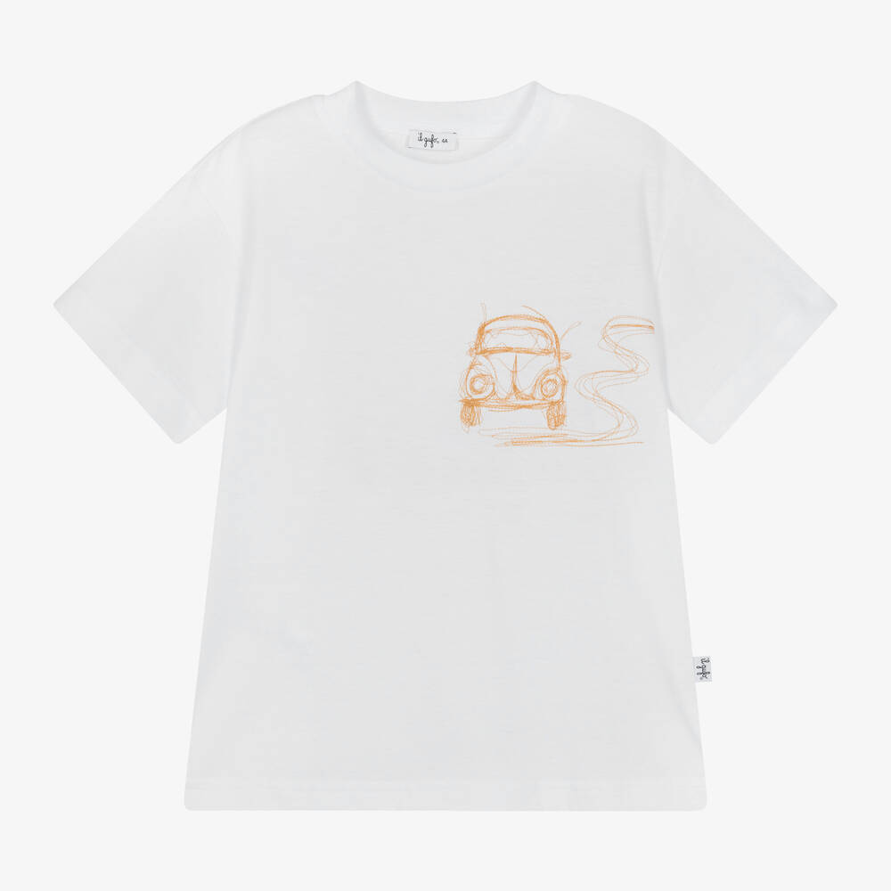 Il Gufo - Boys White Cotton Embroidered Car T-Shirt | Childrensalon
