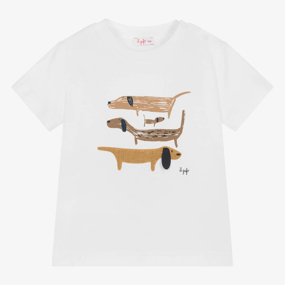 Il Gufo - Boys White Cotton Sausage Dog T-Shirt | Childrensalon