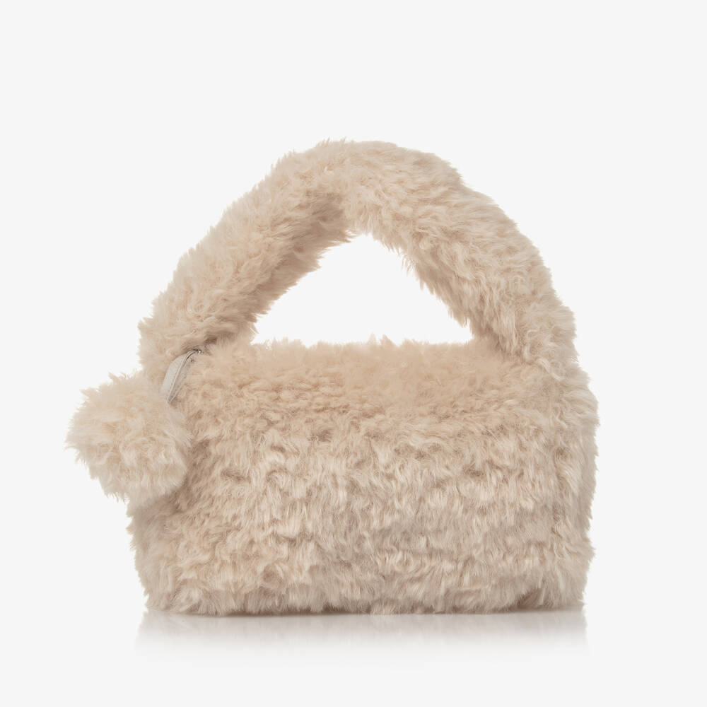 Il Gufo - Girls Beige Faux Fur Handbag (21cm) | Childrensalon