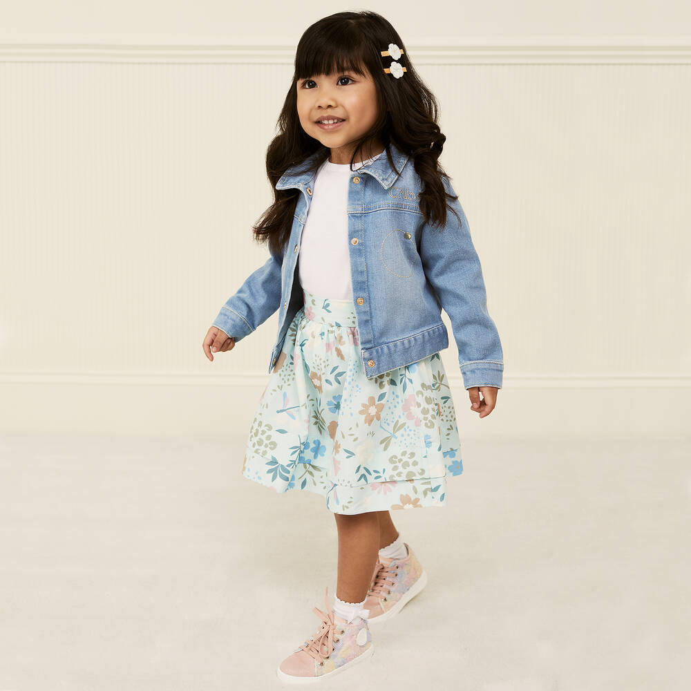 Il Gufo-Girls Blue Cotton Floral Skirt Set | Childrensalon