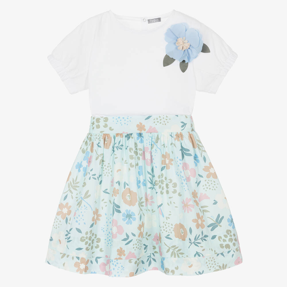 Il Gufo - Girls Blue Cotton Floral Skirt Set | Childrensalon